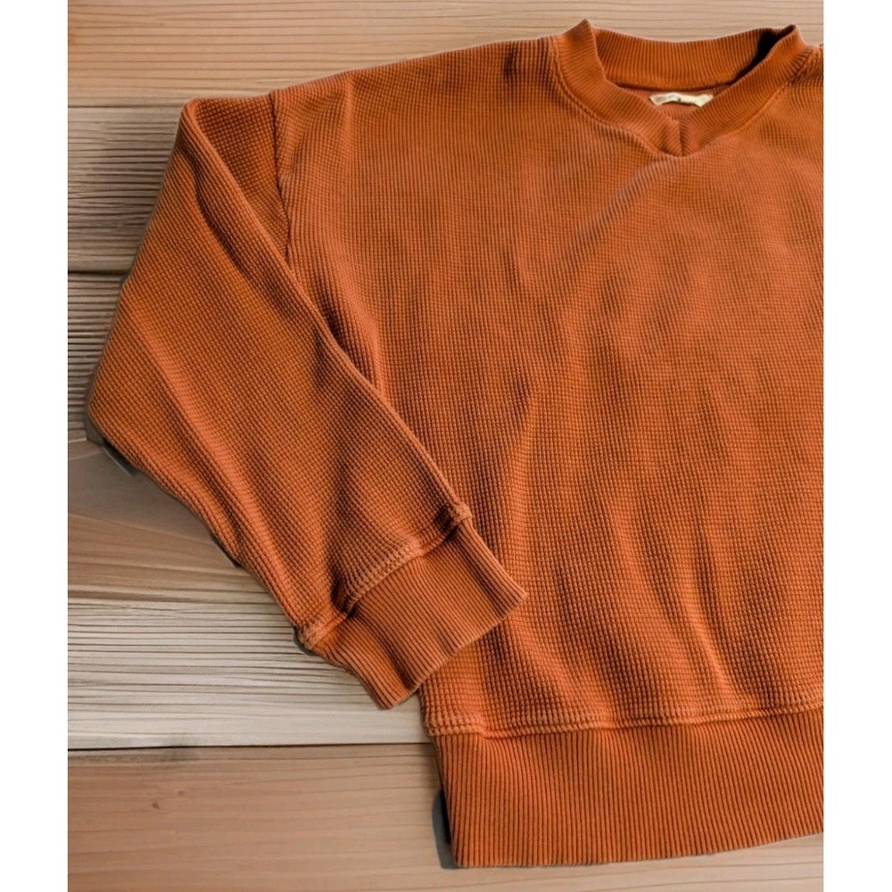 Madewell Waffle Knit Sweatshirt Womens Small Rust Orange V Neck Thermal Pullover - Picture 6 of 6